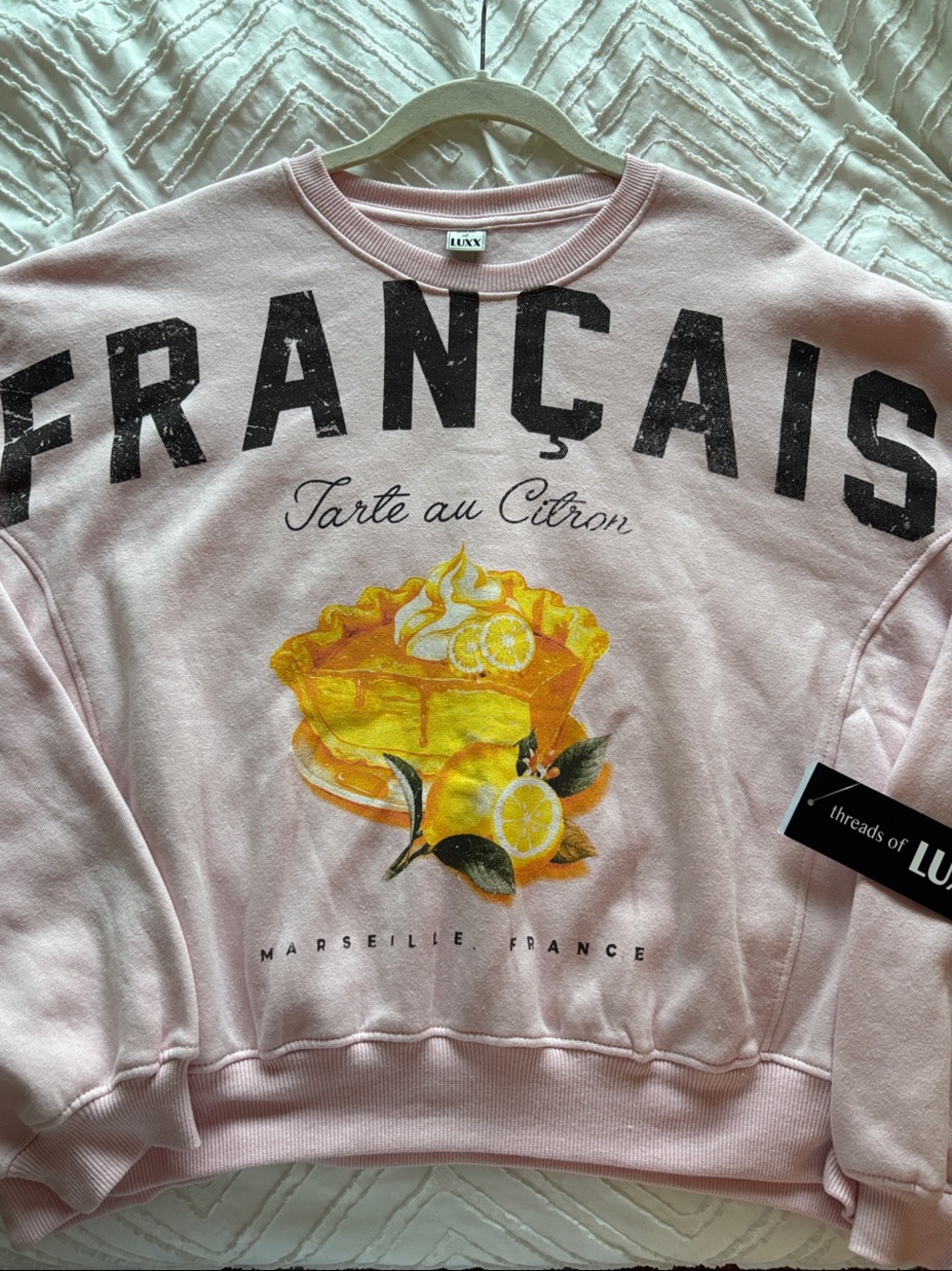 LUX Pink 'Français' Crewneck Sweatshirt with Yellow Lemon Graphic